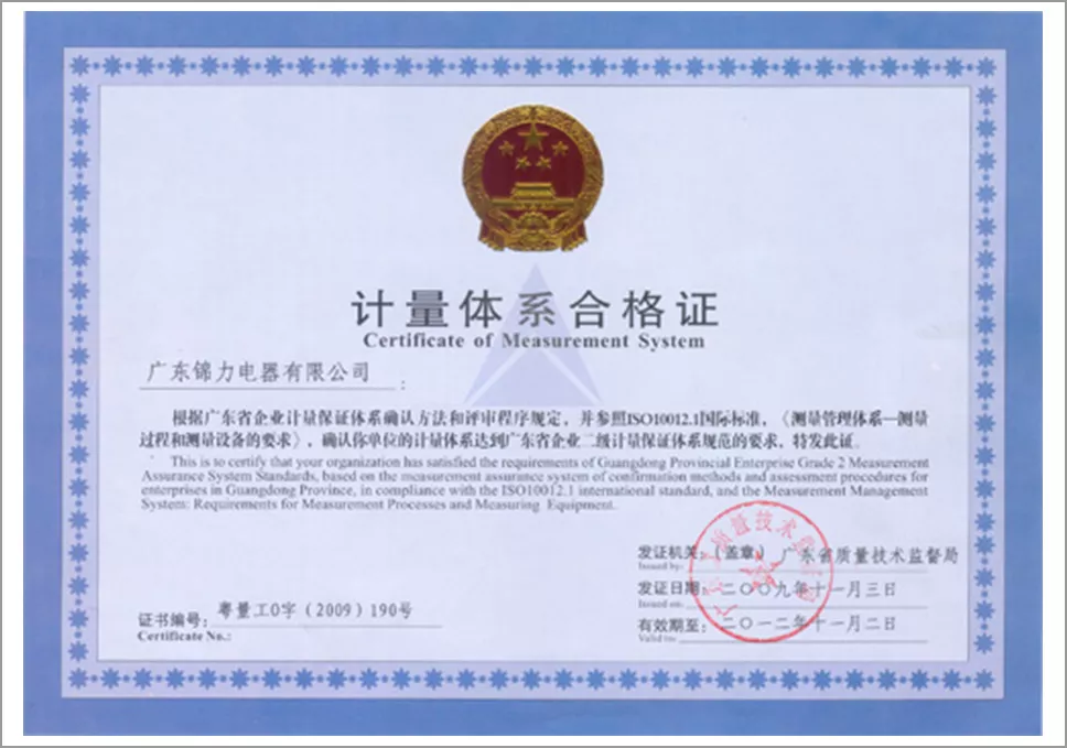 Metrology System Certificate